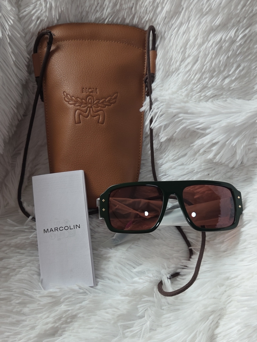 MCM Brown Leather Crossbody Pouch with Dark Green Sunglass Case